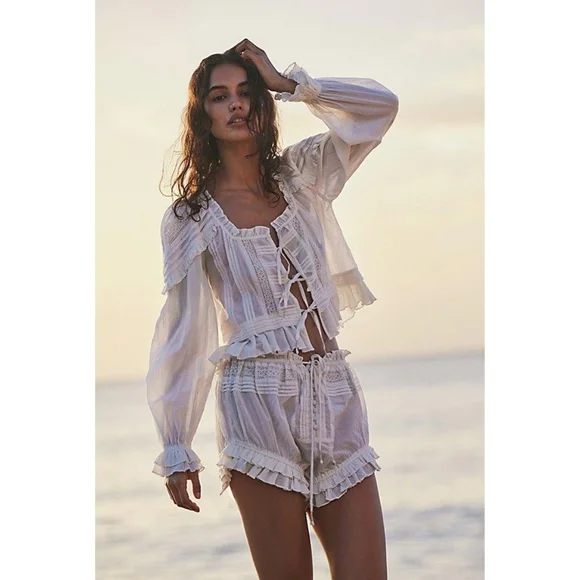 Free People Size S Cream Florence Bed Jacket Sheer Tie Front Ruffle Lace Top - Picture 7 of 7